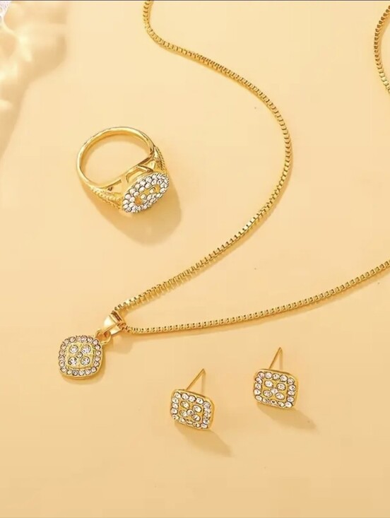 Jewelry - 4pc set -Gold Square Necklace,Ring,Earring Set